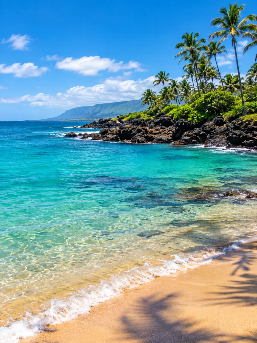 Ein goldener Strand an der North Shore mit türkisfarbenem Wasser, einer dunklen Lavafelsspitze und Palmen